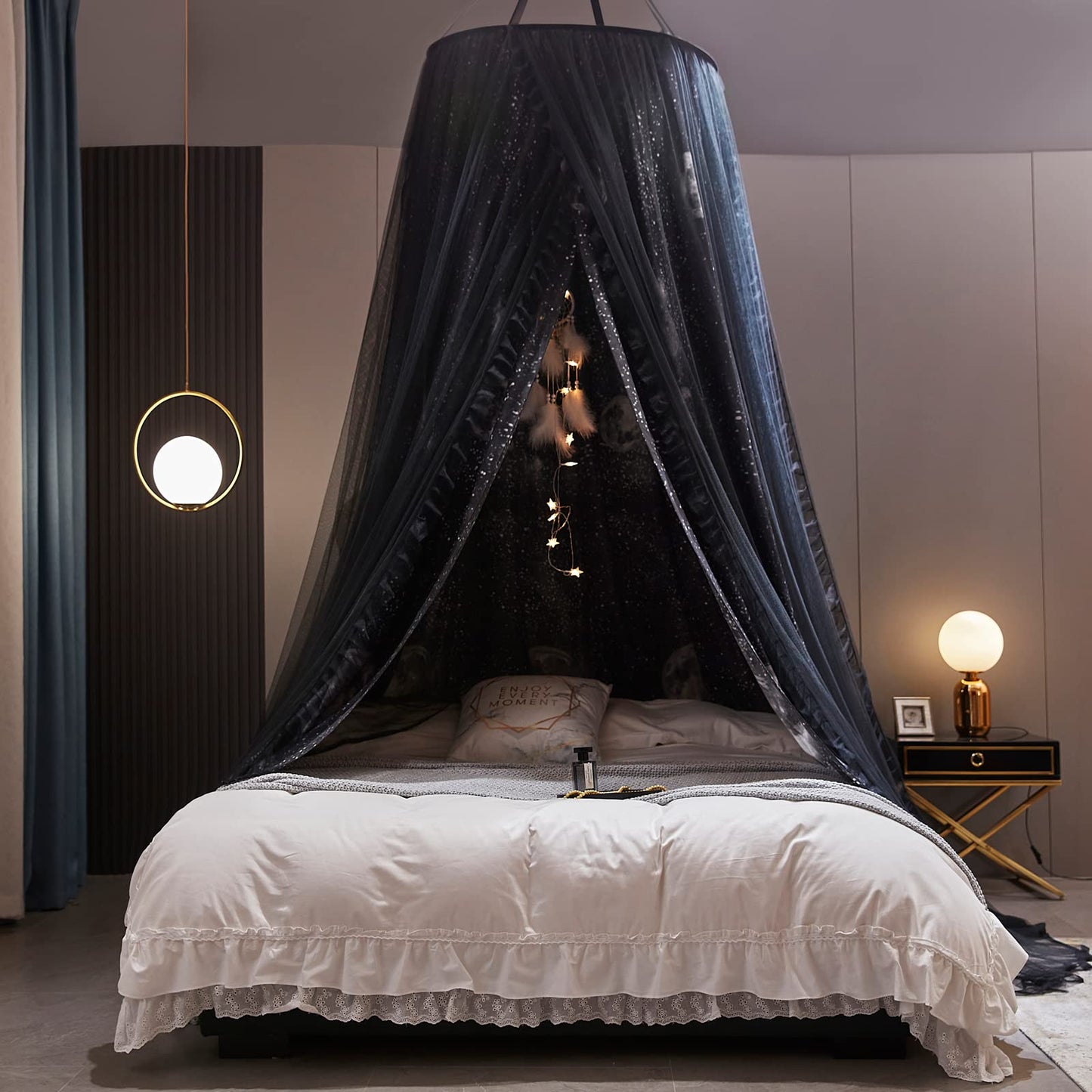 Kertnic Gorgeous Moon Printed Printed Bed Canopy for Girls & Adults, Room Decorative Cozy Bed Curtain Canopy Drapes, Round Dome Luxurious Lace Princess Canopies Mosquito Netting (Print Moon)