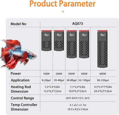 AQQA 800W Aquarium Heater PTC for Fish Tank 80-230 Gallon Submersible Thermostat Adjustable Temp Range 59-94℉ with Intelligent Overheat & Out-of-Water Auto Shut-Off Protection (800W for 80-230Gal)