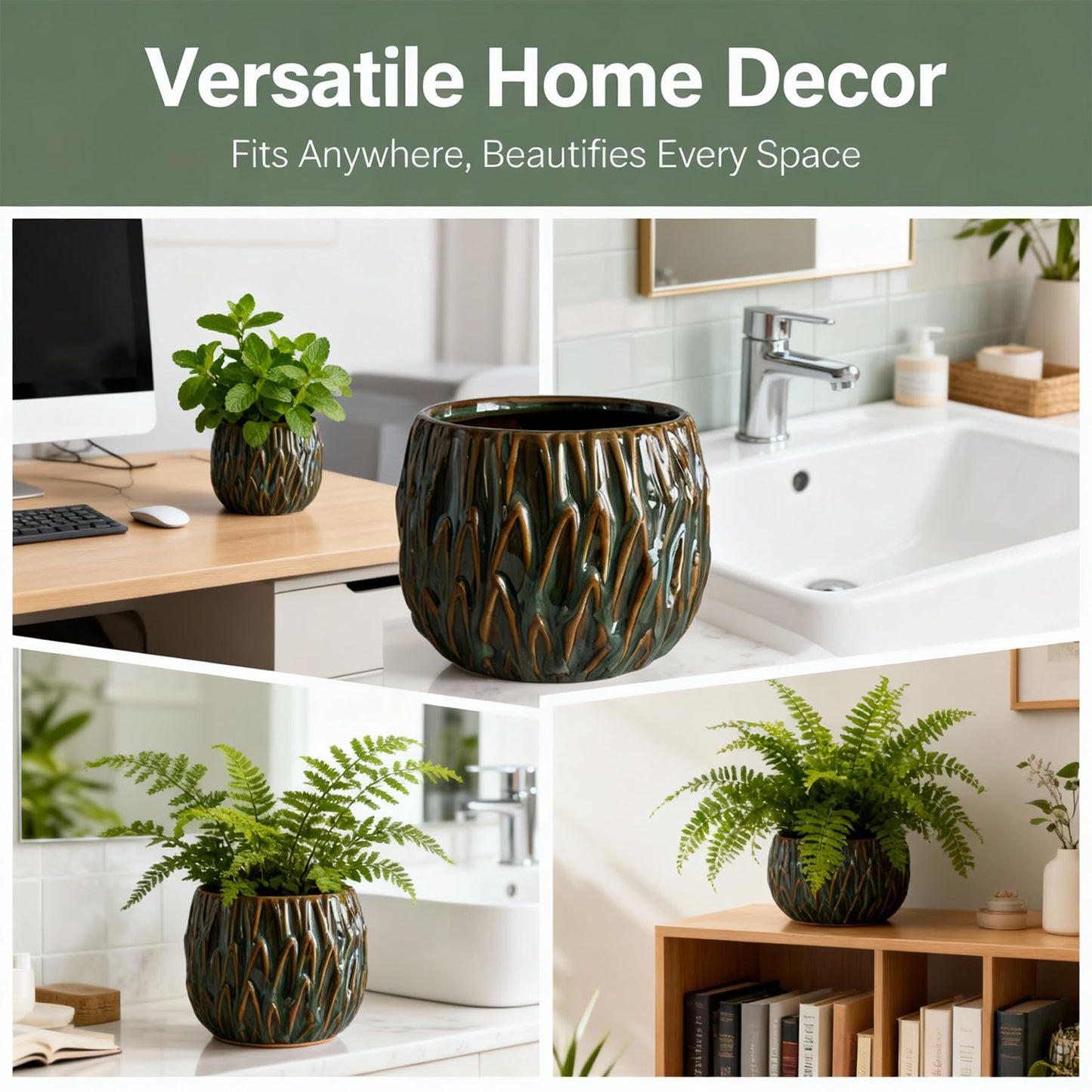 YIOXIN Ceramic Planter,Small Planter,Cute Succulent Garden Pot,Indoor and Outdoor Universal Plant Pot,Small Pot Without Drainage Hole,Home and Office Decoration, (Dark Green)