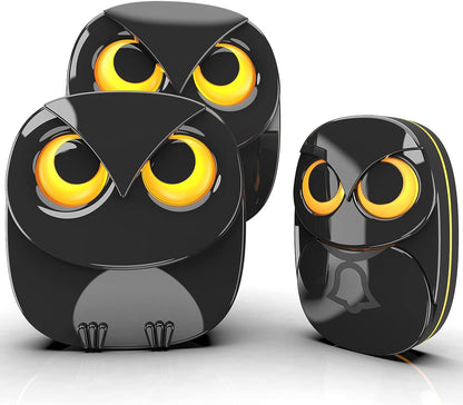 Wireless Doorbell, Cute Owl Doorbell Weatherproof IP55 Outdoor Remote Push Button- 1000 Feet Long Wireless Range, 1 Receiver + 1 Transmitter, Black