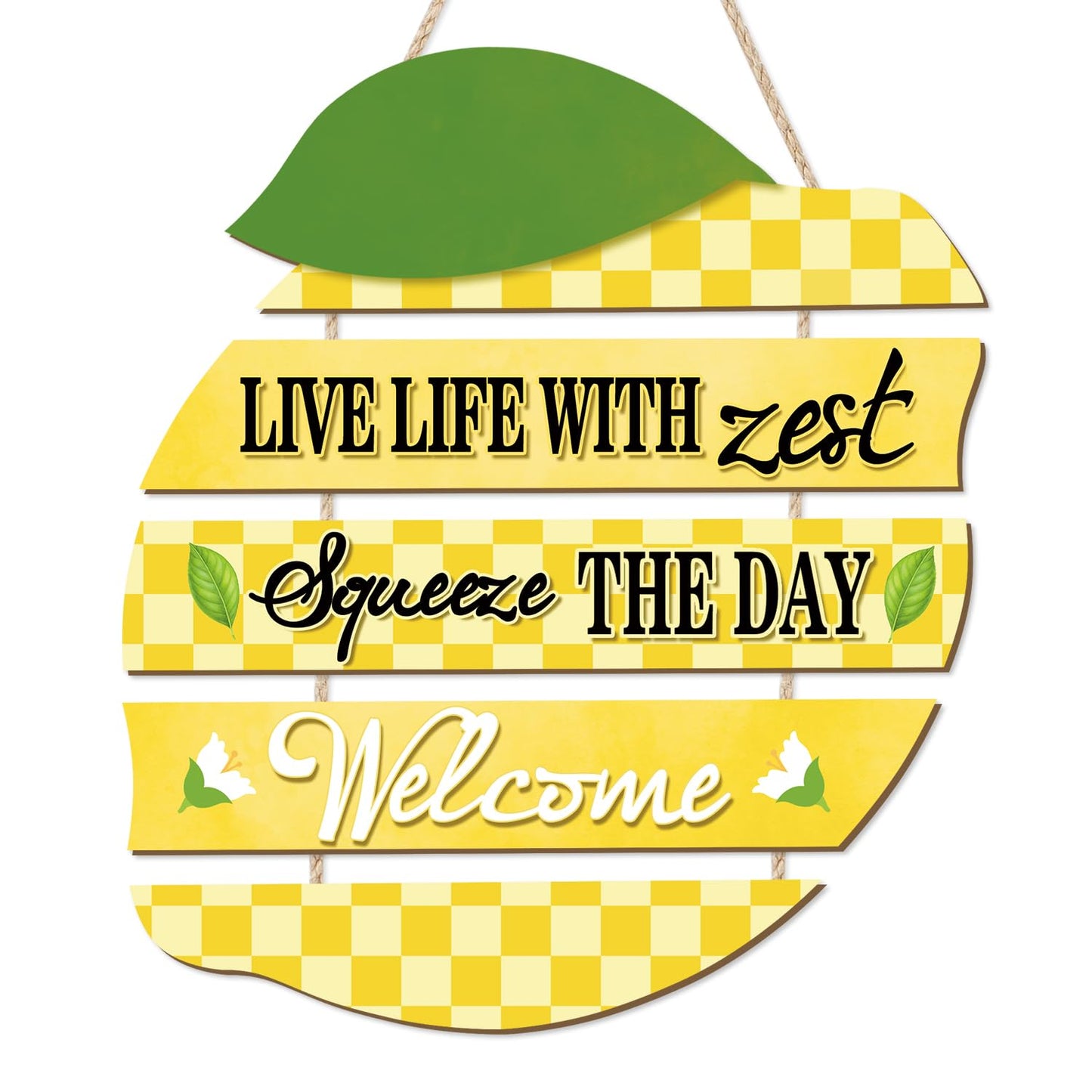 HOURIA Summer Lemon Welcome Front Door Sign Hanging(11.4"x11.5"), Checkered Lemon Wreath Rustic Wooden Wall Decor,Funny Welcome Decorations for Classroom Porch Home Kitchen,Housewarming Gift