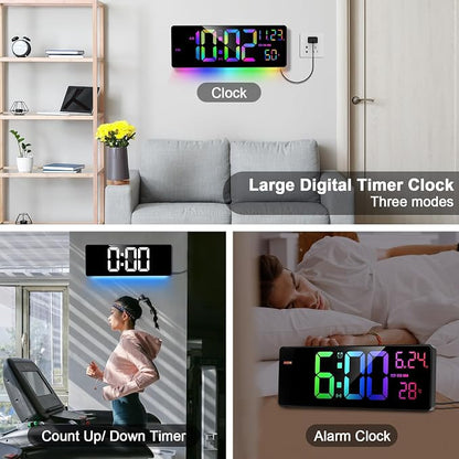 16" Bluetooth Large Digital Wall Clock/Auto Time Sync, 10 RGB Colors Digital Clock Large Display with Remote, Auto-Dimming/DST, Calendar, Timer, Alarm, 6 Night Lights Big Clock for Decor