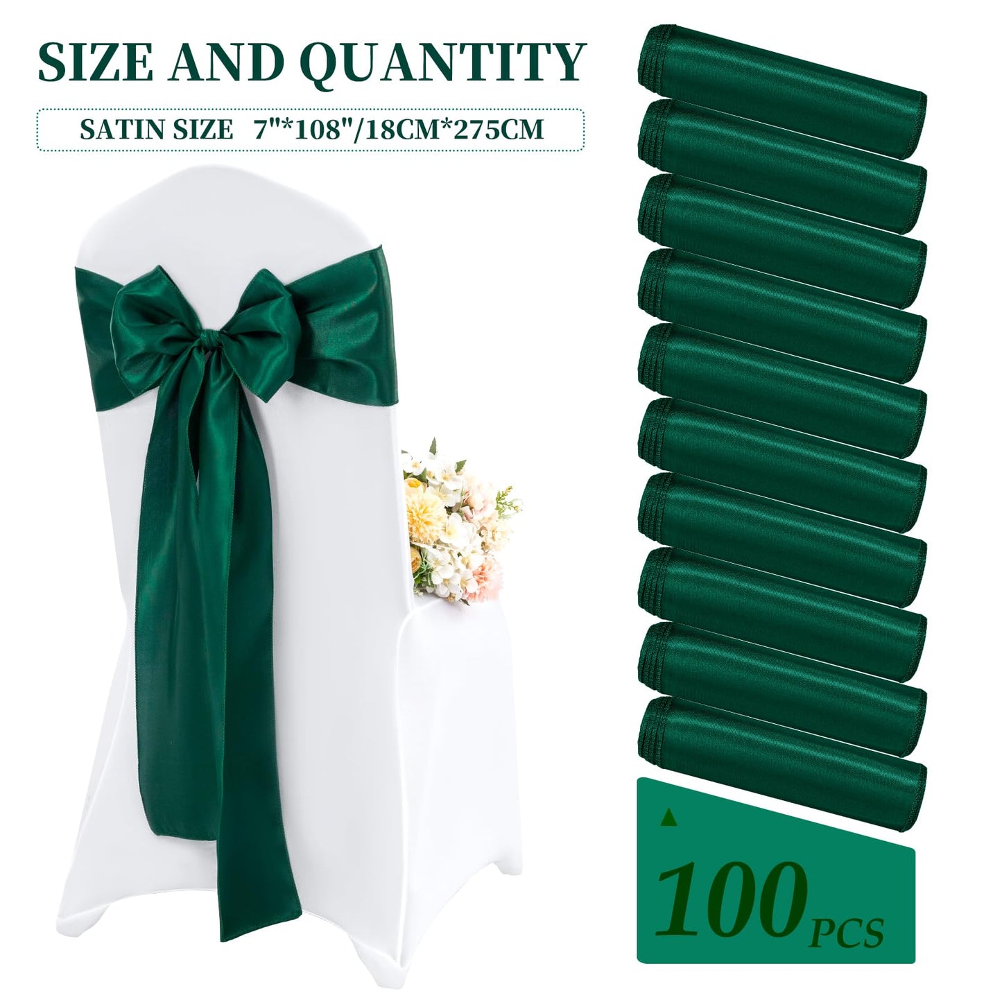 Lykoow 100 Pieces Emerald Green Satin Chair Sashes for Wedding Reception Party Hotel Home Kitchen Decoration-Emerald Green