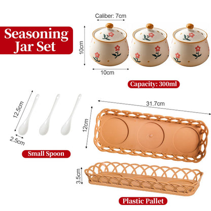 Orkim Kitchen Ceramic Condiment Jars with Lids and Spoons, 3 Piece Porcelain Seasoning Jar Set for Salt Spice Pepper Suger Bowl, Coffee Tea Container Pot with Serving Tray - A Pink Flower