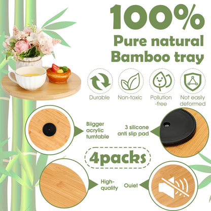 Tanlade 4 Pcs Bamboo Wooden Lazy Susan Organizer Lazy Susan Turntable for Cabinet Non Skid Kitchen Tray Revolving Condiment Spice Rack for Counter Wedding Table Organization Storage Supplies(13 Inch)