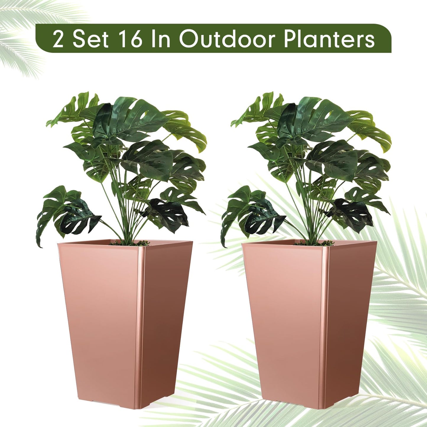 Briwooody Set of 2 15.75 Inch Large Taper Planters Outdoor Indoor Tall Resin Flower Pots with Drainage Holes Modern for Front Door Patio Backyard Plants (Gold Pink)