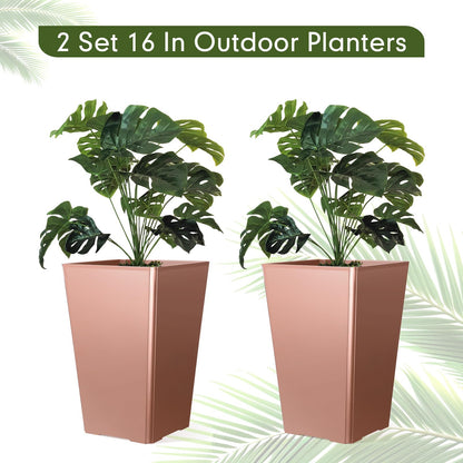 Briwooody Set of 2 15.75 Inch Large Taper Planters Outdoor Indoor Tall Resin Flower Pots with Drainage Holes Modern for Front Door Patio Backyard Plants (Gold Pink)
