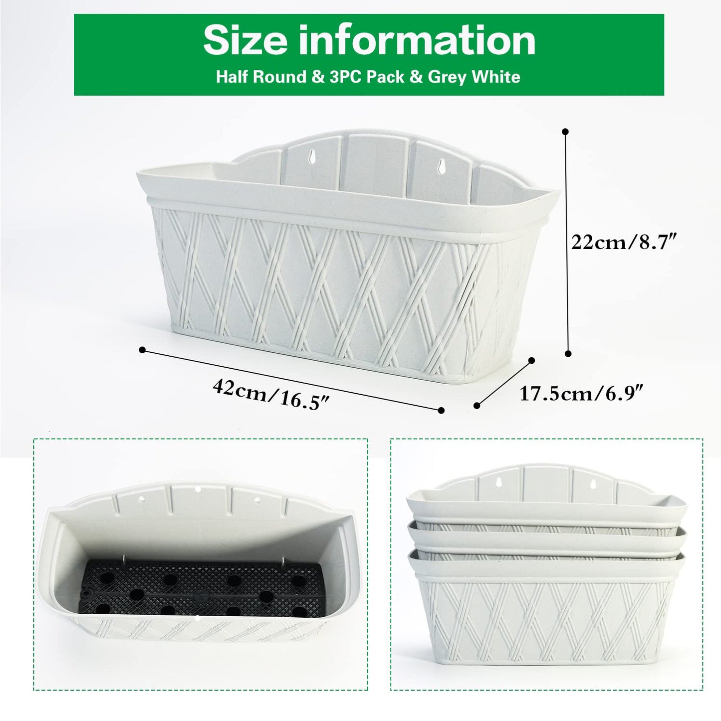Sungmor 3 Pack Wall Hanging Planters, 16.5 Inch Railing Fence Hanging Flower Pots, Thickened Plastic Water Storage Plant Pot, Indoor Outdoor Garden Balcony Decor, Light Grey Large Plant Basket