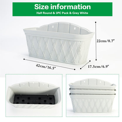 Sungmor 3 Pack Wall Hanging Planters, 16.5 Inch Railing Fence Hanging Flower Pots, Thickened Plastic Water Storage Plant Pot, Indoor Outdoor Garden Balcony Decor, Light Grey Large Plant Basket