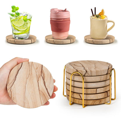 Almagic Natural Sandstone Coasters Set of 6 with Holder, 4 in Dia, Round, Heat Resistant & Absorbent, for Home & Office