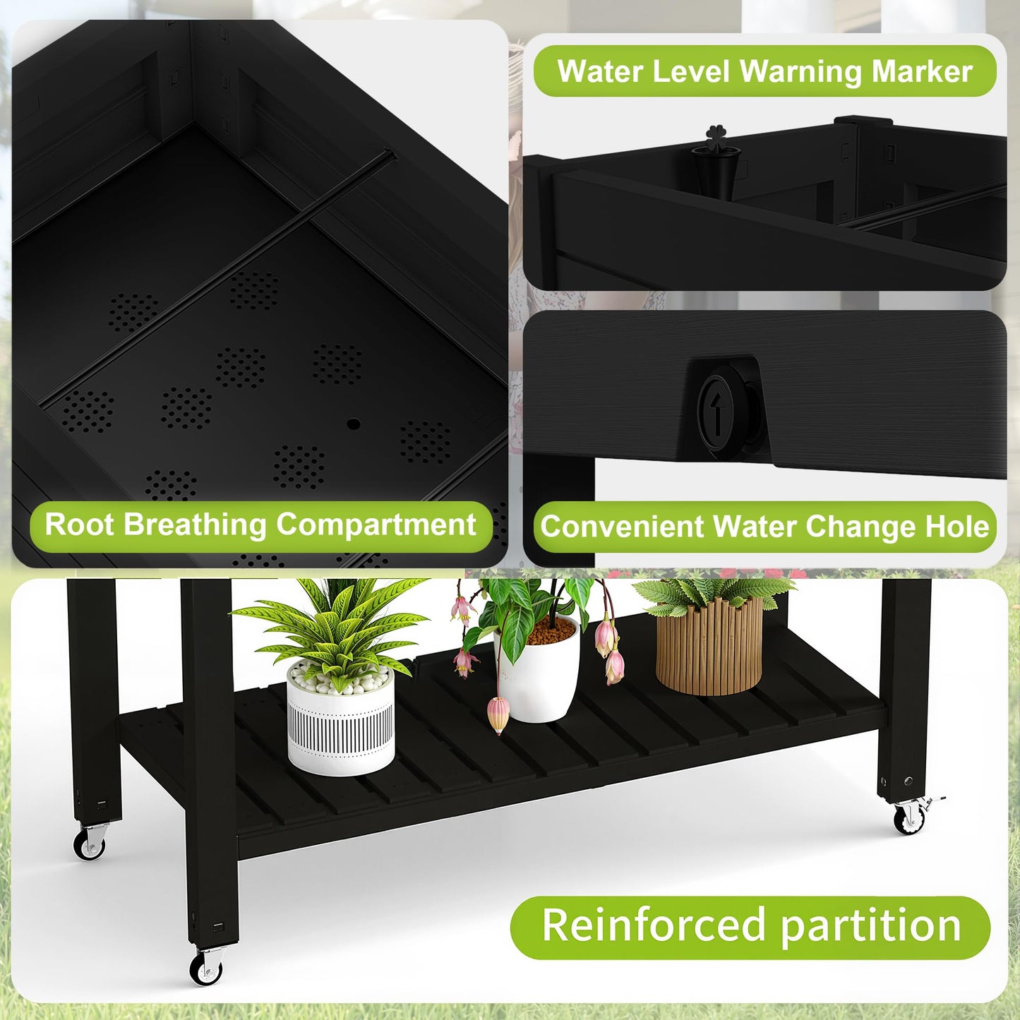 PatioZen Raised Garden Bed with Legs, 33.66" Tall Self-Watering Resin Planter Box with Lockable Wheels Drainage Plug and Gauge for Vegetables, Flowers, Storage Shelf for Tools and Accessories (Black)