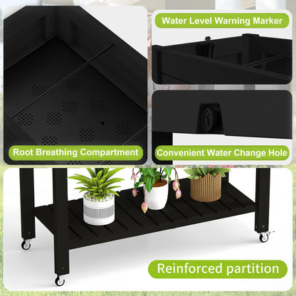 PatioZen Raised Garden Bed with Legs, 33.66" Tall Self-Watering Resin Planter Box with Lockable Wheels Drainage Plug and Gauge for Vegetables, Flowers, Storage Shelf for Tools and Accessories (Black)