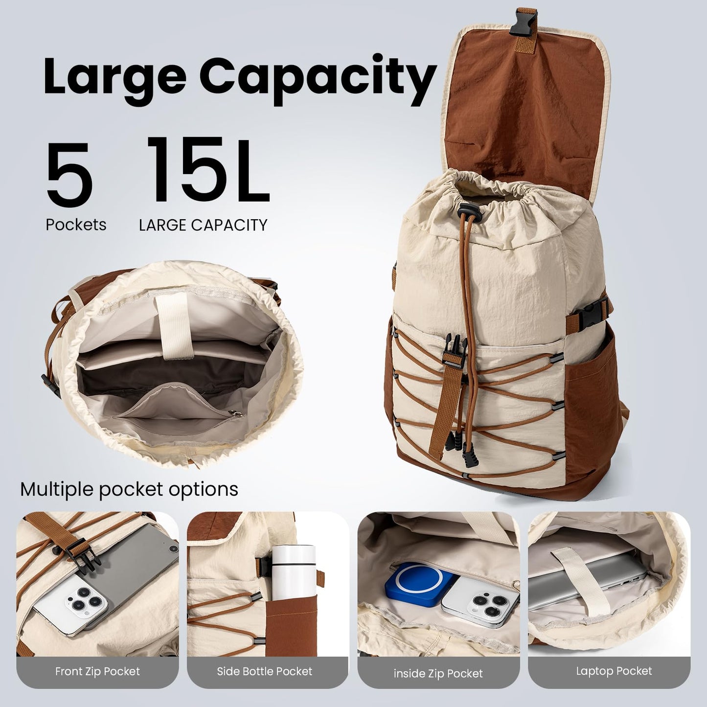 Kabibin Travel Backpack for Women Men, 15L Lightweight Laptop Daypack with Multiple Pockets for Tourist, Daily College Bookbag for School, Casual Packable Bagpack for Hiking (Khaki)