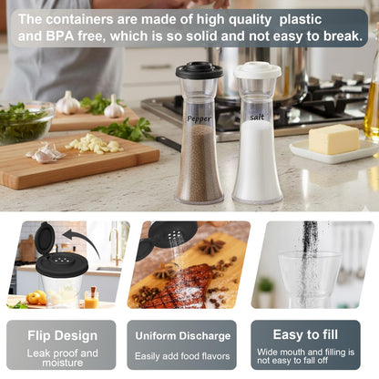 CEILUPY Salt and Pepper Shakers Set of 2, Large Clear Plastic Hourglass Shakers with 16 Pre-Printed Spice Labels, Moisture Proof Lids for Kitchen, Camping, Travel & Outdoor (Black & White)