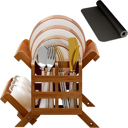 Greenual Teak Dish Drying Rack with Utensil Holder, 2 Tier Collapsible Dish Rack, Wooden Dish Racks for Kitchen Counter, Folding Drying Holder with Absorbent Dish Drying Mat