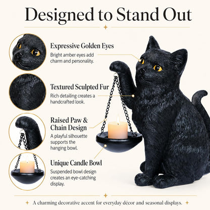 Gothic Black Cat Lamp with Tealight Candle Holder Cat Statue Halloween Decorations Indoor Gothic Home Decor for Living Room Tabletop Shelf Bedroom Unique Goth Witchy Gifts Decor