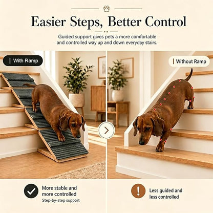 2 Pack Dog Ramp for Stairs – Solid Wood Adjustable & Foldable, 4 Heights, Non-Slip Silicone Base, Traction Felt, Raised Pause Strip, 35lb for Small & Senior Dogs