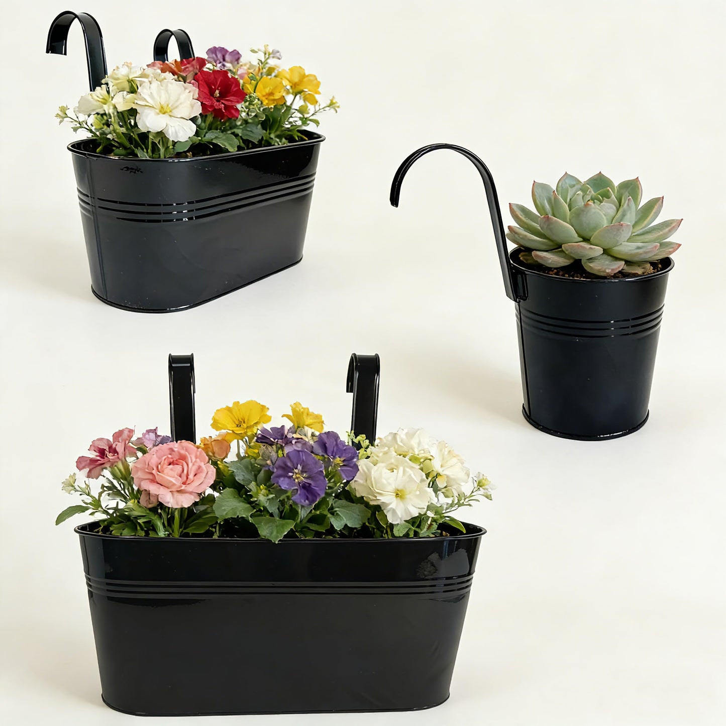 Joyfernal Set of 12 Balcony Hanging Planters, 4 Pcs 17" Metal Railing Flower Pots & 4 Pcs 12" Deck Planter & 4 Pcs 4" Fence Pot for Outdoor Patio Garden Décor, Black