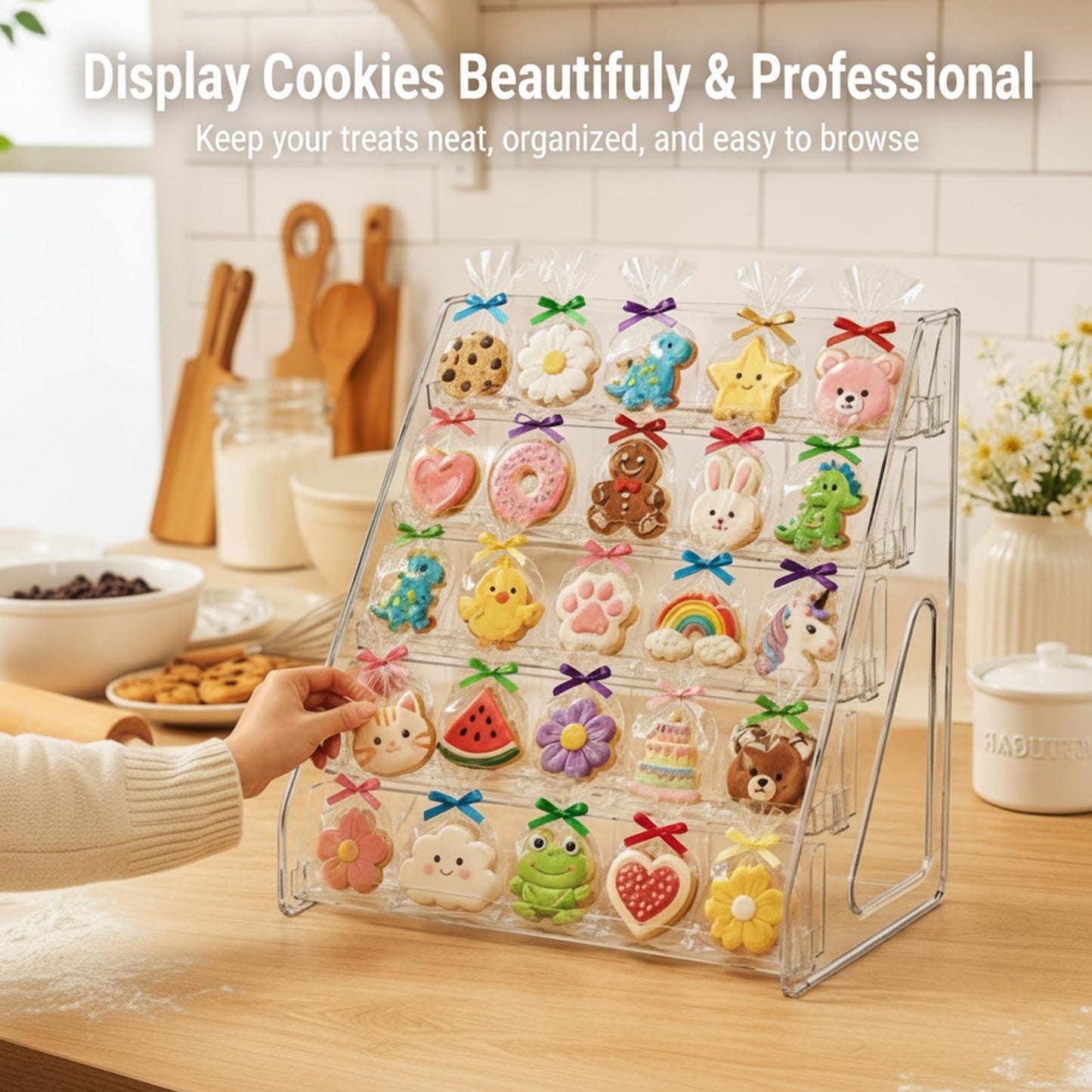 GYSLEOT Acrylic Cookie Display Stand, 5-Tier Clear Tiered Dessert Stand for Bakers Vendors, Professional Display Riser for Craft Fairs, Market Booths & Retail, Cupcake Pastry Holder Organizer