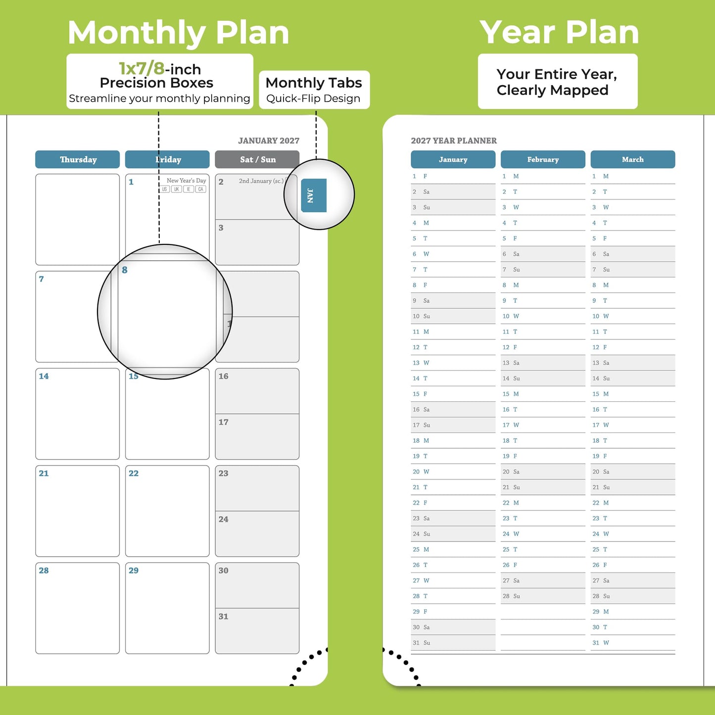 IN-LUXPRO Planner 2026-2027 Daily Weekly and Monthly,6.5"x3.75",18 Months Spiral Bound Calendar Agenda with Self-adhesive Pen Holder,2026 Academic Plan with Vegan Leather Soft Cover,Wasabi Green