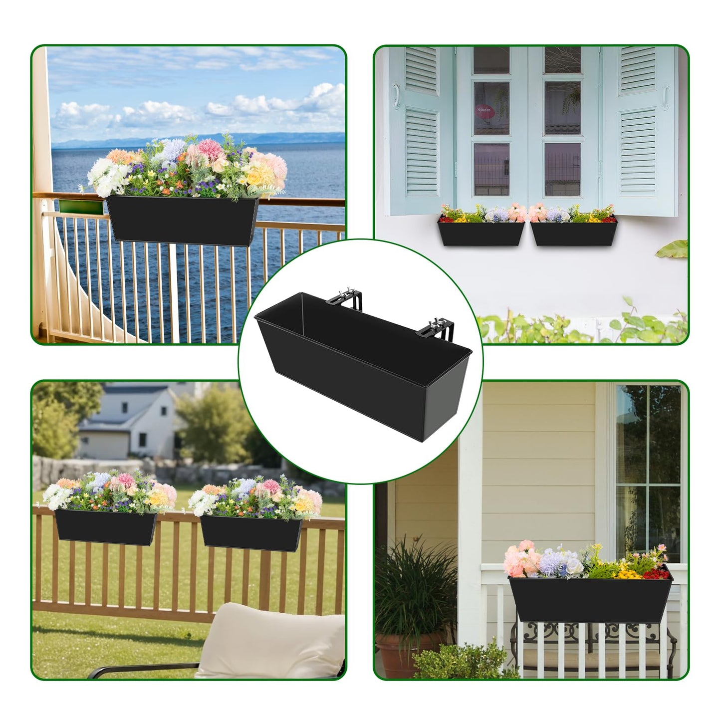 Holensun Railing Planter for Outdoor Plants 16 Inch Metal Rectangular Window Boxes with Adjustable Brackets and Drainage Hanging Flower Pots for Balcony Deck Railings Apartment Patio Decor Black(4PCS)