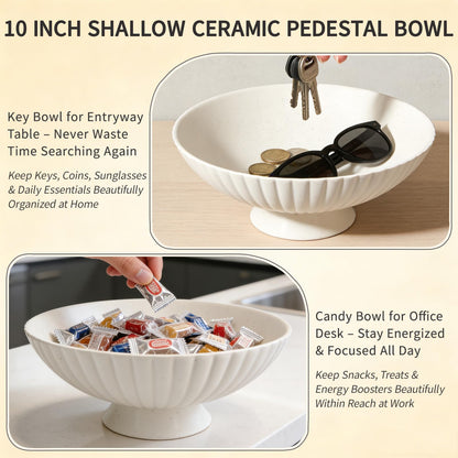 Afadorable 10 Inch Handmade Large Matte White Fluted Ceramic Pedestal Bowl, Decorative Fruit Bowl with Sandstone Speckles – Modern Farmhouse Centerpiece for Kitchen Counter, Entryway & Dining Table