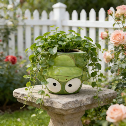 Small Succulent Pot with Drainage, 4 Inch, Indoor & Outdoor Animal Ceramic Planter, Funny Cartoon Frog Shaped Cactus Bonsai Container, Cute Flower Plant Pot for Home Office Desk and Garden Decor