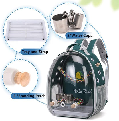 Bird Traval Carrier Cage, Multi Vent Holes Clear Space Capsule Astronaut Backpack to Carry Parakeet Cockatiel Parrot with Metal Tray Wood Perch, Vet Transport Book Bag (Green) (Green)