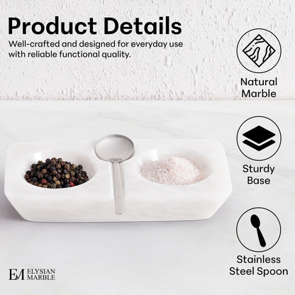 Marble Salt and Pepper Dish with Spoon, Handcrafted Double Spice Tray with 2 Compartments, Natural Stone Condiment Dish for Cooking Prep and Serving - White