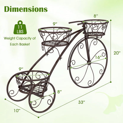 Toolsempire Tricycle Plant Stand, 3-Tier Metal Plant Stand Bicycle Flower Pot Cart with Hollowed Baskets, Planter Potted Holder for Patio, Garden, Deck, Lawn (Bronze)