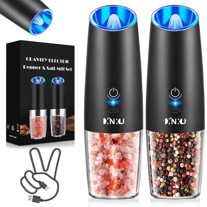 XinXu Rechargeable Pepper and Salt Grinder Set, whit Gravity Sensing Switch and LED Light, One Hand Automatic Operation -Black/2 Pack