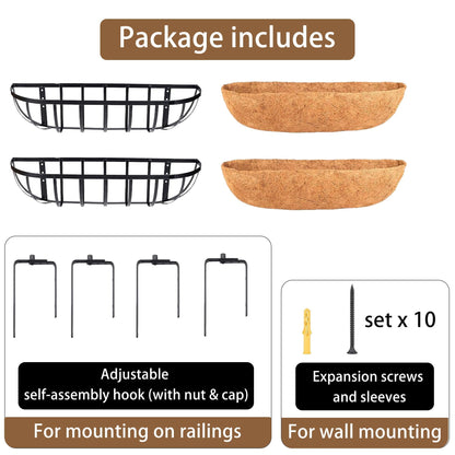 GYATSOCYG 36 Inch Window Baskets with Coconut Liner Outdoor Wall Planter for Plants Long Window Flower Box for Porch Fence Patio Outdoor（2 Pack）