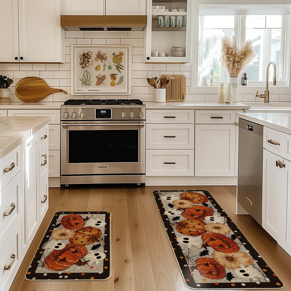 Artoid Mode Black Ghost Spooky Jack-O'-Lantern Pumpkin Halloween Kitchen Mats Set of 2, Low-Profile Home Decor Kitchen Rugs for Floor - 17x29 and 17x47 Inch
