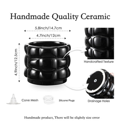 FUYHE 5.8 inch Ceramic Plant Pots with Drainage Hole,Modern Flower Pots for Indoor Plants,Black Ceramic Pots for Succulents, Home & Office Décor (Black)