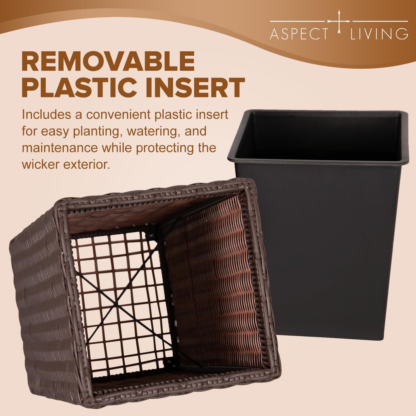 Aspect Living Tall Planter and Sierra Square Wicker Planter Set of 2 - Modern Outdoor Planters for Patio, Balcony, or Garden