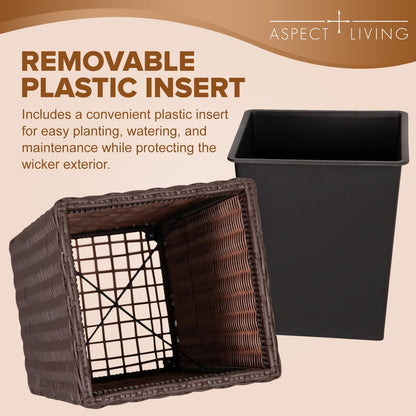 Aspect Living Tall Planter and Sierra Square Wicker Planter Set of 2 - Modern Outdoor Planters for Patio, Balcony, or Garden