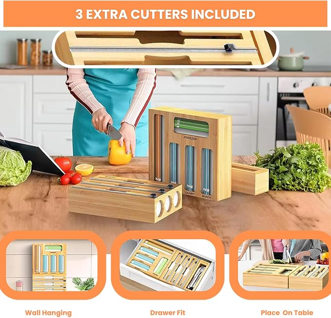 Storage Bag Organizer for Kitchen Drawer, Foil and Plastic Wrap with Cutter, Organizers Compatible Gallon, Quart, Sandwich Snack Size 9 in 1
