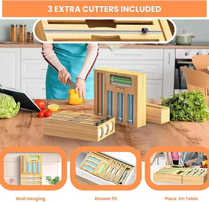 Storage Bag Organizer for Kitchen Drawer, Foil and Plastic Wrap with Cutter, Organizers Compatible Gallon, Quart, Sandwich Snack Size 9 in 1