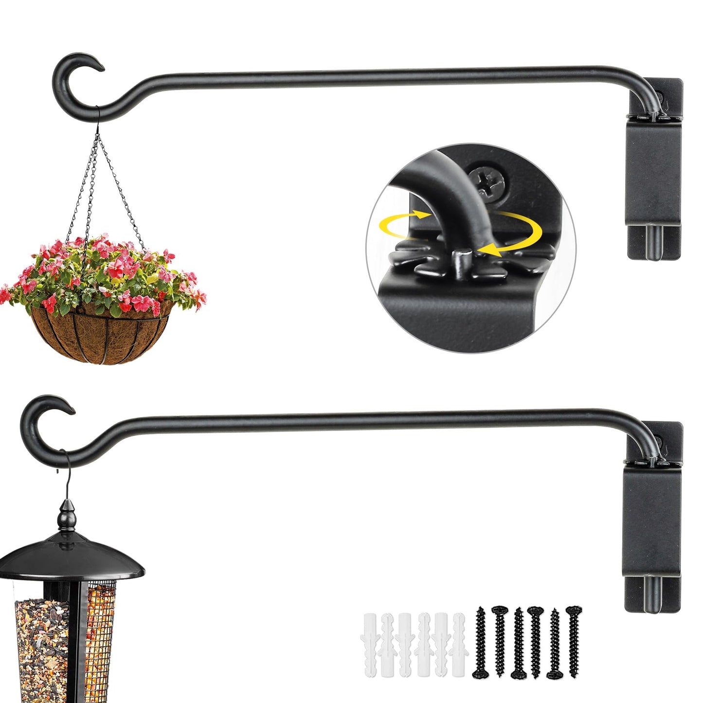 AJART Swivel Hanging Plant Bracket: Outdoor Bird Feeder Hangers for Wall Mount 16 Inch - 2 Pieces Hummingbird Feeder Hook for Flower Basket