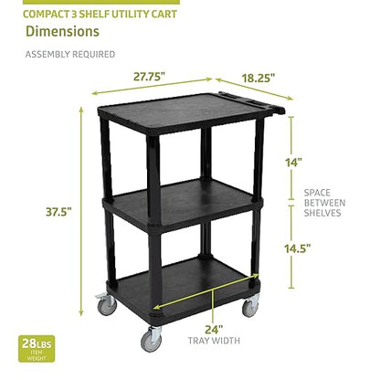 Pearington 3-Tier Compact Multi-Purpose Plastic Utility Cart with Lockable Wheels up to 300LBS, Black