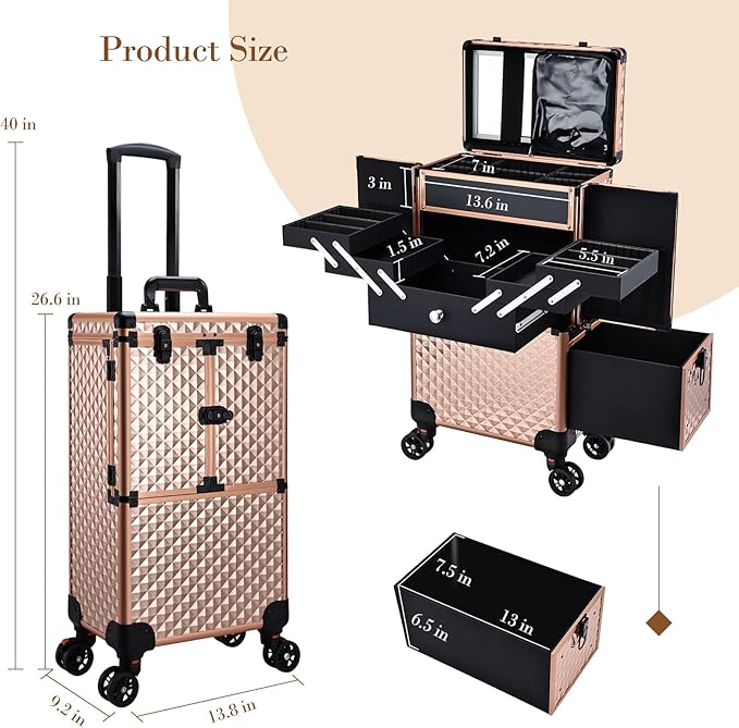 Professional Makeup Artist Rolling Train Case Multi-functional Cosmetic Train Case Large Trolley Storage Case for Nail Technicians Cosmetology Case for Hairstylist Rose Gold
