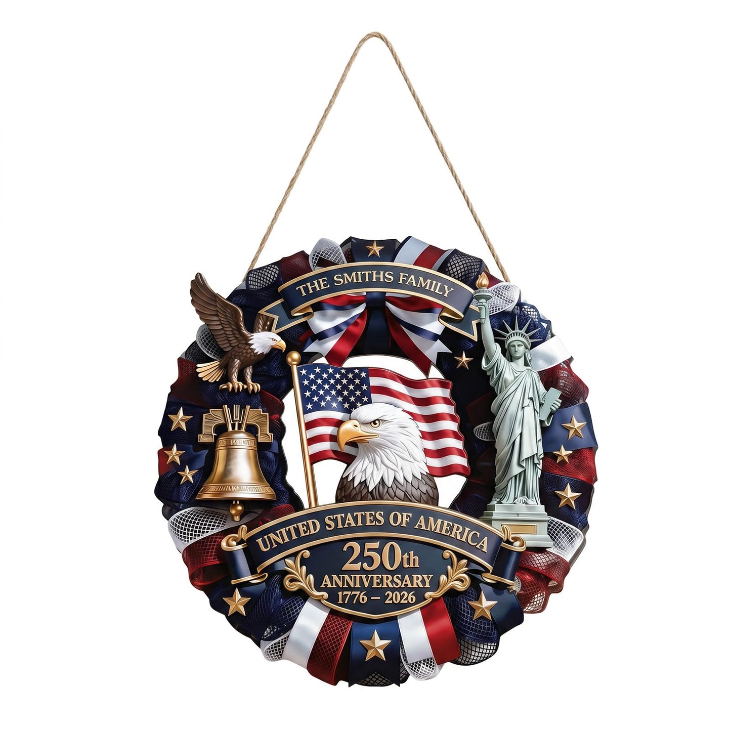 250 Anniversary USA Wreath, Wooden Eagle Door Sign 177-2026 Patriotic Front Door Decor for 4th of July Independence Day Home Porch Wall, 11.8 Inch
