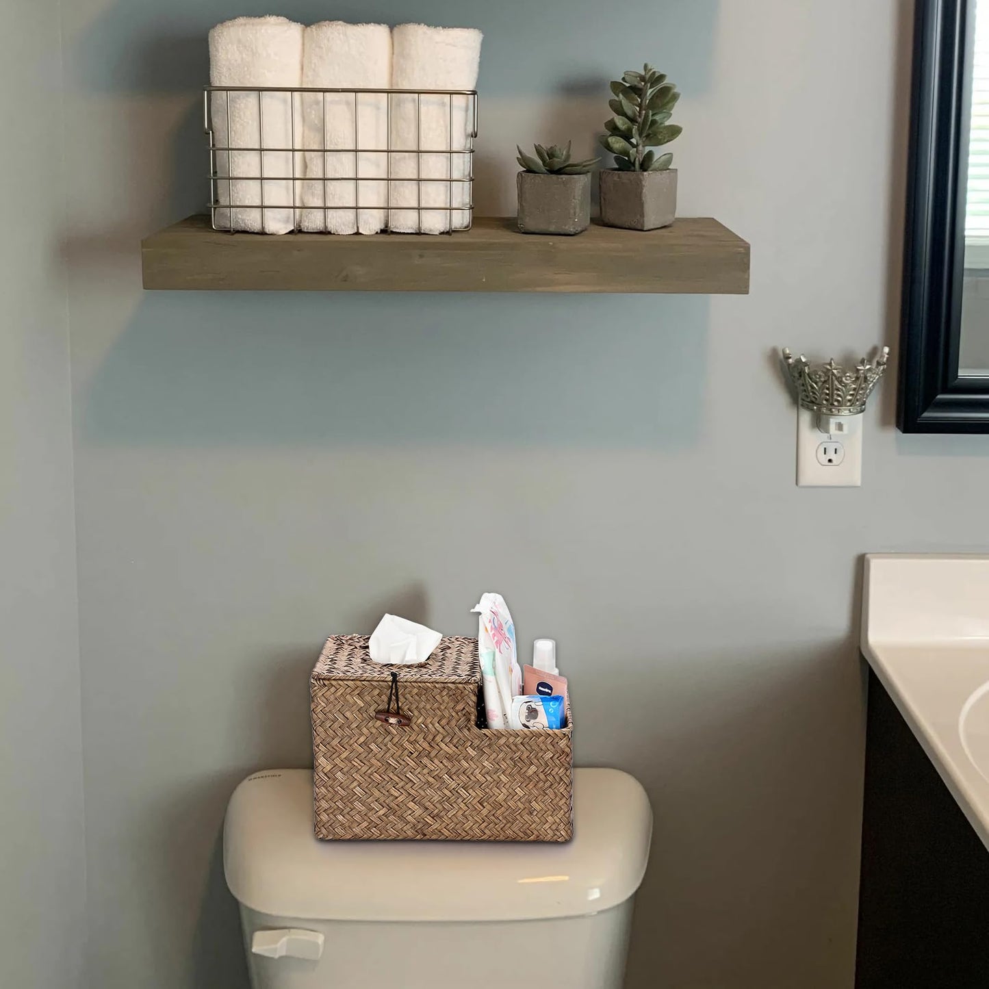 Sumnacon Tissue Box Cover Square Tissue Box Woven Seagrass Tissue Box Holder with Side Organizer, Rustic Tissue Holder for Living Room Bathroom Bedroom Kitchen Office Table Desk, Coffee