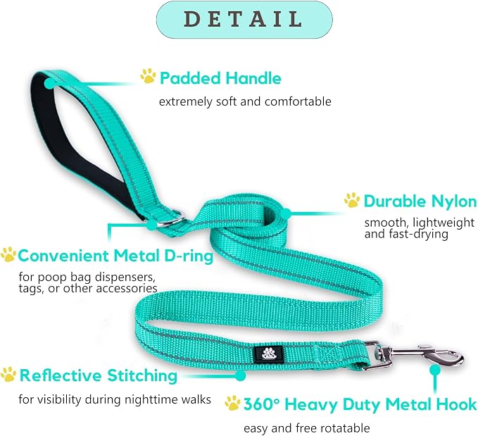 FURRYFECTION Reflective Dog Collar and Leash Set with Quick Release Buckle, Padded with Neoprene Adjustable Nylon Dog Collar for Small Medium and Large Dogs (Medium Collar+5FT Leash, Teal)