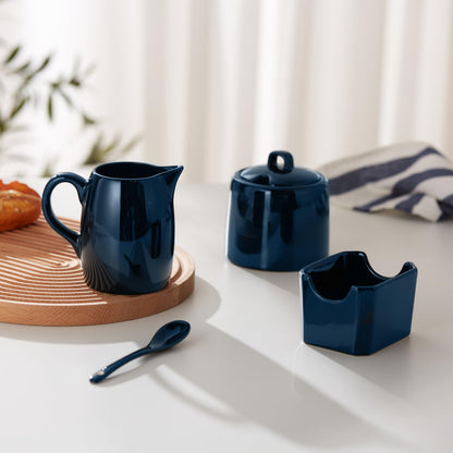 KooK Sugar and Creamer Set, 3 Piece, Pitcher, Sugar Bowl with Lid and Spoon, Sweetener Holder (Navy)
