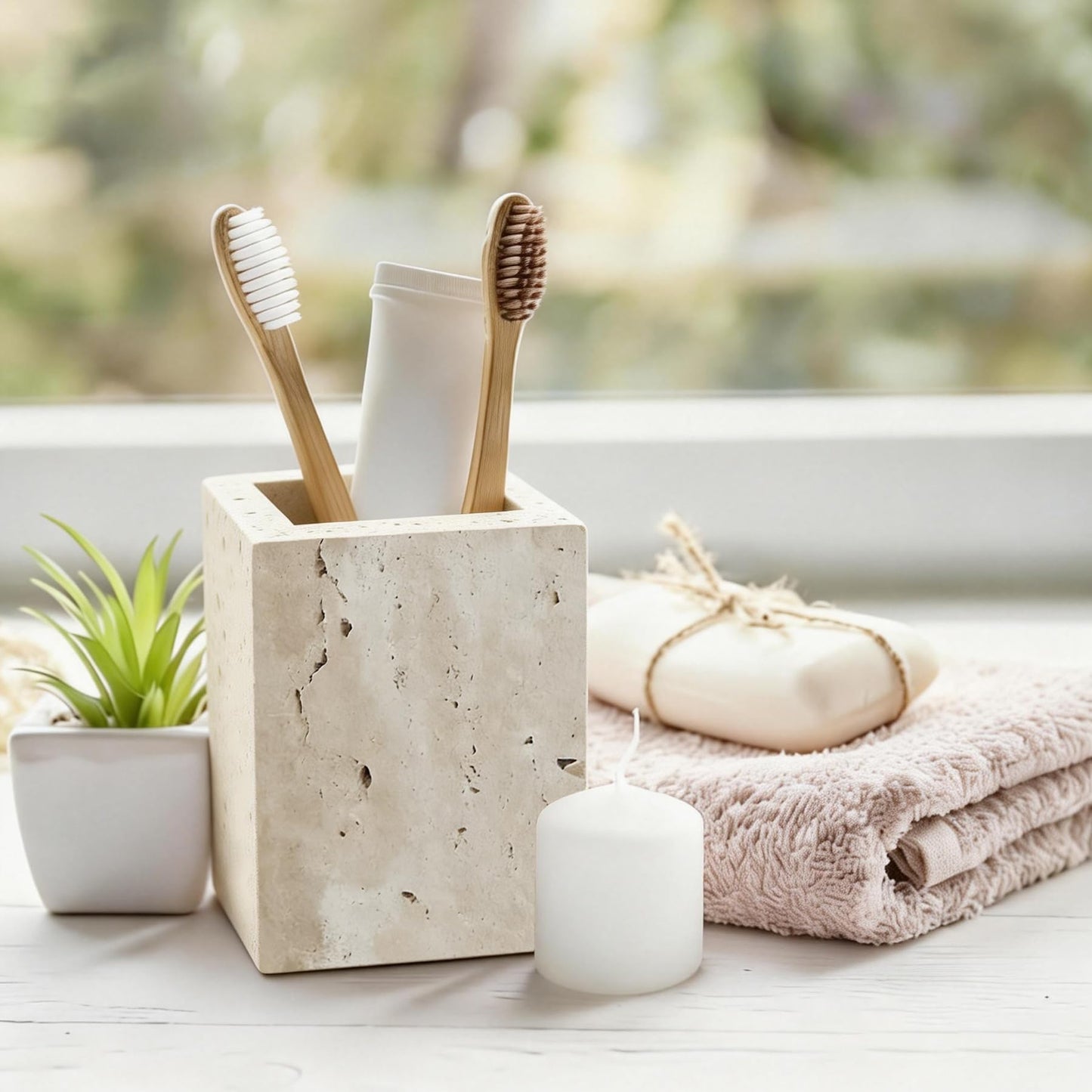 Beige Travertine Natural Marble Toothbrush Holders for Bathroom, Marble Makeup Brush Holder, Pen Pot, Countertop Organizer Barrel Storage Box