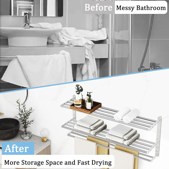 3 Tier Towel Racks for Bathroom Wall Mounted, 32 inch Bathroom Shelf with Towel Bar, Brushed Nickel Shelves for Towels, Stainless Steel Modern Silver Multi Holder