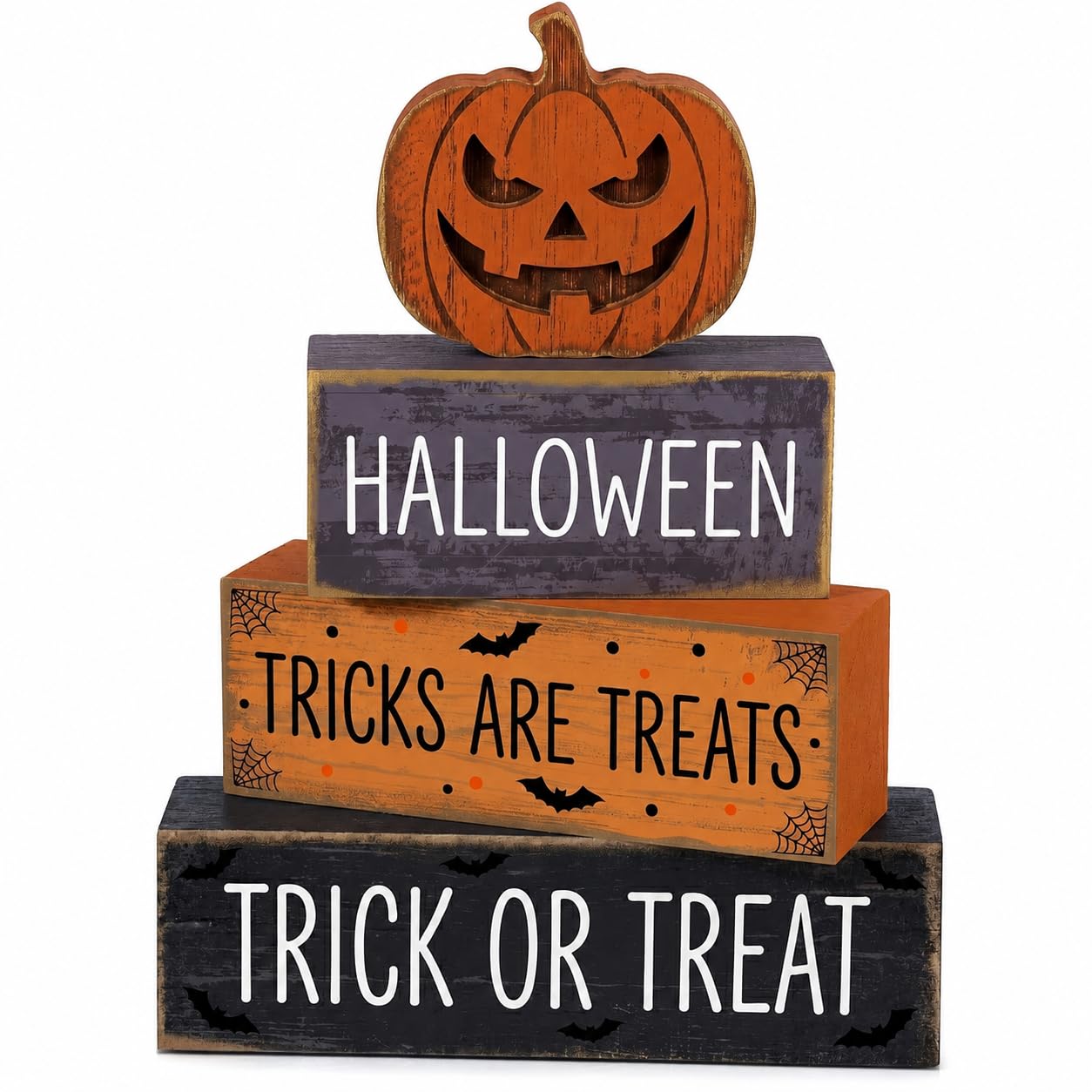4 Pcs Halloween Decor, Trick or Treat Tiered Tray Decorations, Wooden Block Signs with Jack-O-Lantern, Tricks are Treats Farmhouse Rustic Table Centerpiece for Home Shelf Kitchen Coffee Bar