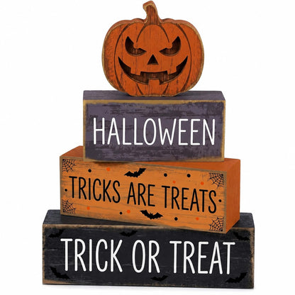 4 Pcs Halloween Decor, Trick or Treat Tiered Tray Decorations, Wooden Block Signs with Jack-O-Lantern, Tricks are Treats Farmhouse Rustic Table Centerpiece for Home Shelf Kitchen Coffee Bar