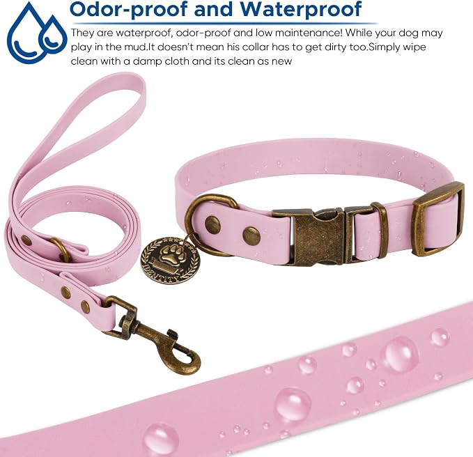 Wisedog Waterproof Dog Collar and Leash Set, S, Pale Pinkish Purple | Adjustable Puppy Collar, Cute Tag, 4FT Dog Leash, Poop Bag Included, Small Medium Large Dogs